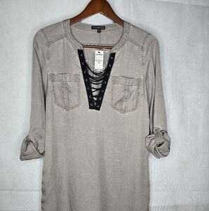NWT Express Tunic Top Taupe Lace Up V-neck Long Roll Tab Sleeve XS